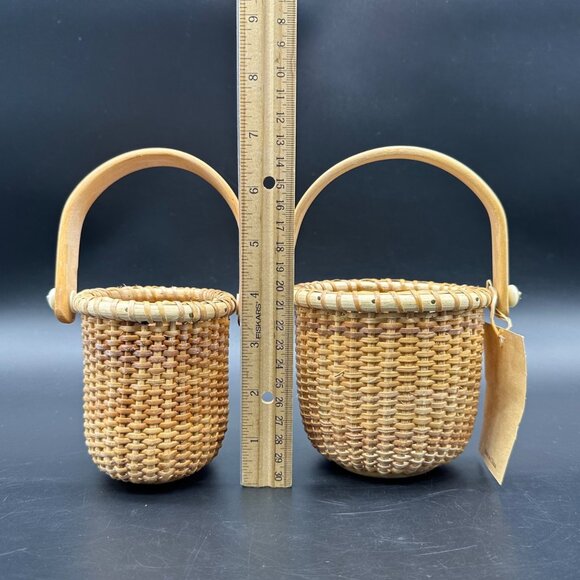 Vintage Nantucket Baskets Handcrafted Woven Swing Handle Set of 2 Boho Farmhouse - Picture 12 of 12